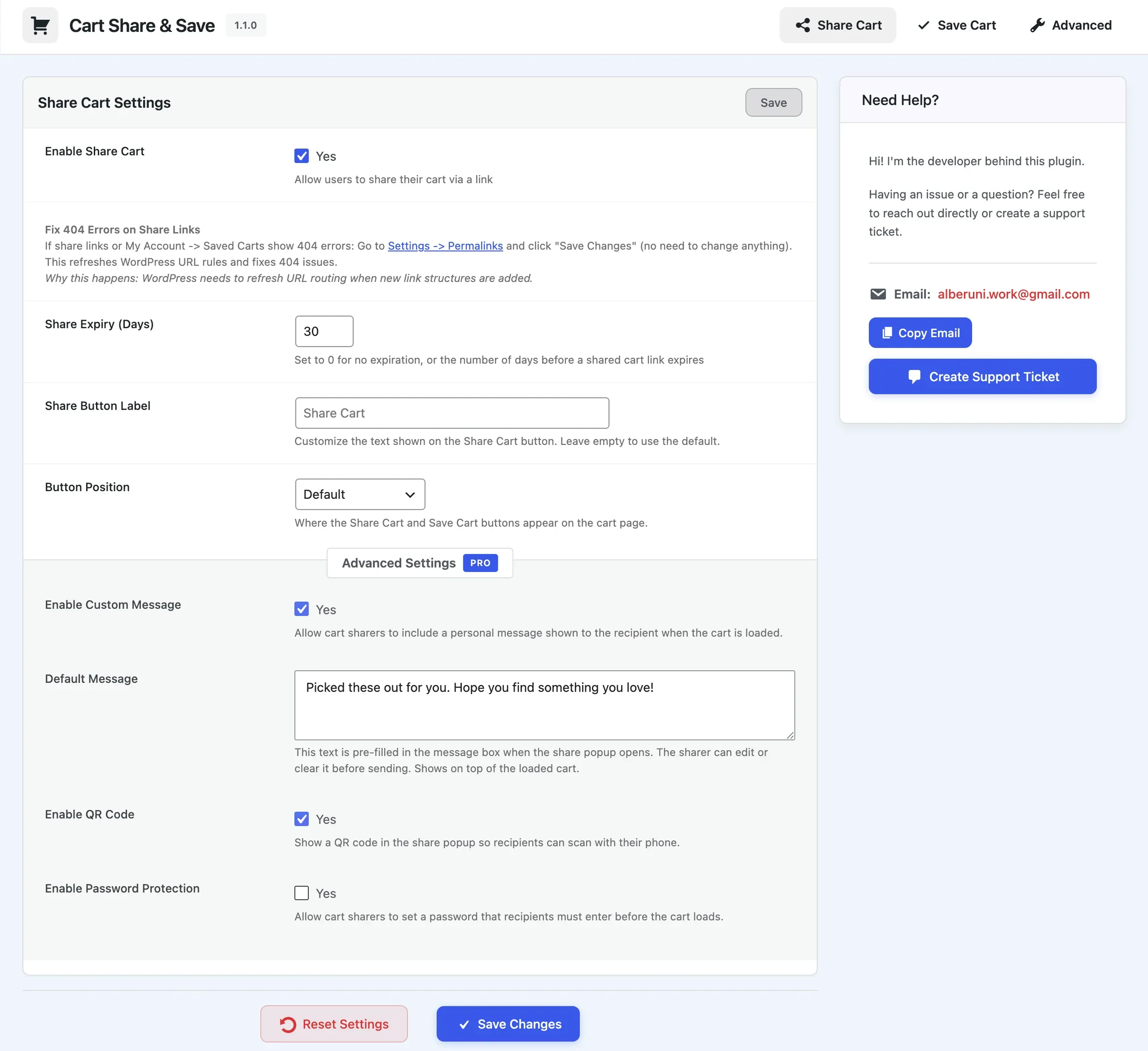 Cart Share and Save settings screen inside WordPress admin